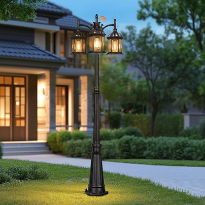 Dusk to Dawn Outdoor Lamp Post Light with 3 LED Bulbs, Triple Head Aluminum Street Light Post for Outside with Sensor, Waterproof Birdcage Pole Lighting Fixture for Backyard Garden Patio Bronze