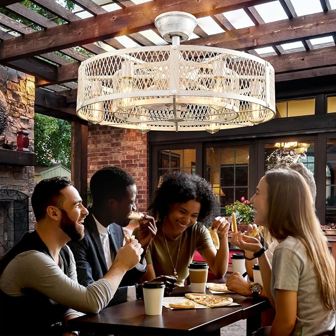 Depuley Outdoor Ceiling Fan with Light: 26" Caged Ceiling Fans with Remote Control for Patio Kitchen Bedroom - Farmhouse Fandelier Flush Mount Lights Fixture Reversible 6 Speed Timer Cement