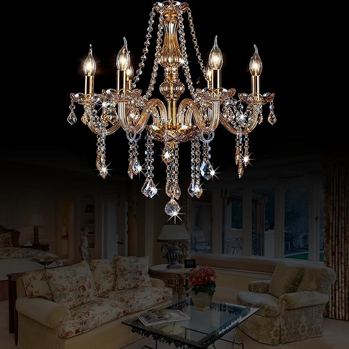 Bagood Champagne 6 Lights K9 Crystal Candle Chandeliers Lighting Modern Pendant Lights Candle Chandelier Lighting Crystal Modern Chandelier for Dining Living Room Bedroom E12 Base, H22 x W23.6 Inch
