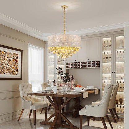 X-Large 6-Light Drum Capiz Shell K9 Crystal Chandelier, Coastal Style Pendant Light Fixture for Dining Room, Living Room, D24 * H24~70 Inch (Adjustable), Champagne Crystal & Chrome Finish
