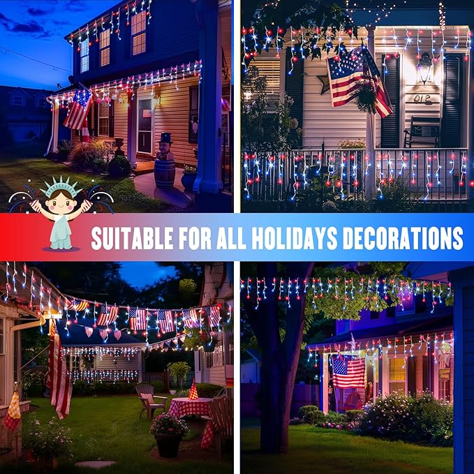 JMEXSUSS Icicle Lights for 4th of July Decor, 400 LED Red White and Blue Icicle Lights for Outside, 38.8 Ft Independence Day Icicle String Light Indoor Outdoor Holiday American Flag Decor