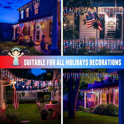 JMEXSUSS Icicle Lights for 4th of July Decor, 400 LED Red White and Blue Icicle Lights for Outside, 38.8 Ft Independence Day Icicle String Light Indoor Outdoor Holiday American Flag Decor