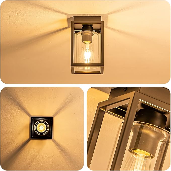 Mayful Flush Mount Ceiling Light Fixture with Clear Glass Shade, Farmhouse Black Metal Frame Light Fixture for Kitchen Island Entryway Porch Foyer Dining Room, E26 Ceramic Base,2 Pack