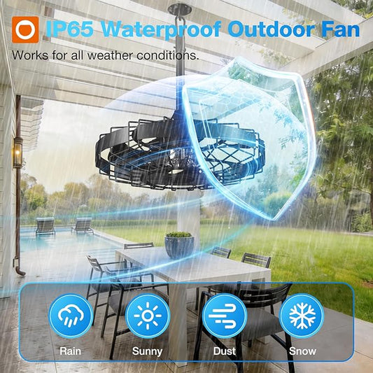 addlon 20 Inch Outdoor Ceiling Fan without Light, IP65 Waterproof Plug in Caged Hanging Fan, Remote Control, 6 Speeds Reversible Outdoor Fans for Patio, Gazebo, Pergola, Porch