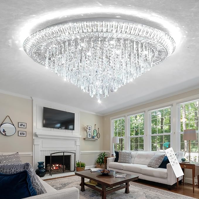 Modern LED Crystal Chandelier for Living Room Dimmable Large Ceiling Light Fixture Round Raindrop Chandeliers for Dining Room Entryway Bedroom Foyer Silver