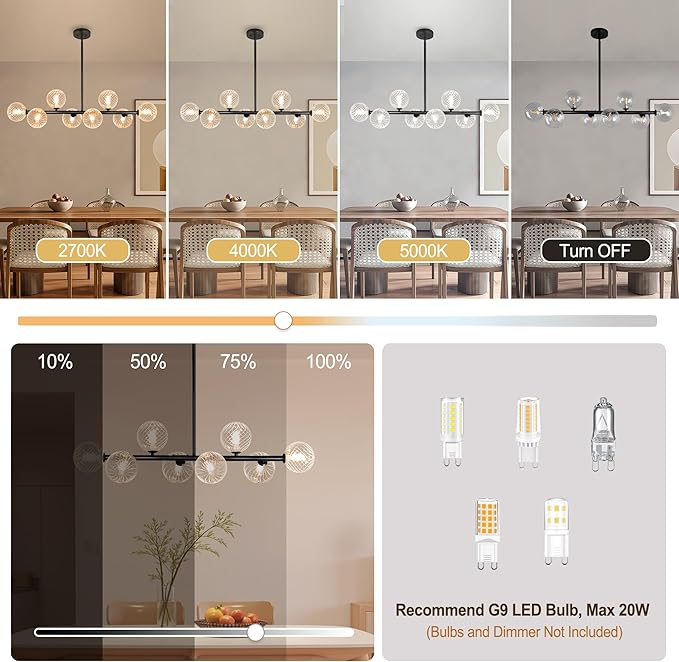 Linear Chandeliers for Dining Room, 8-Light Clear Swirled Glass Globe 37" Mid Century Modern Sputnik Chandeliers Bubble Chandelier Black Dining Room Chandelier Pendant Lights Kitchen Island