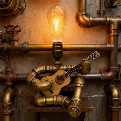 Pipe-Man Guitar-Playing Steampunk Lamp with Edison Bulb, Vintage Industrial Decor Table/Desk Lamp, Unique Handmade Gift for Music Lovers (American Style)