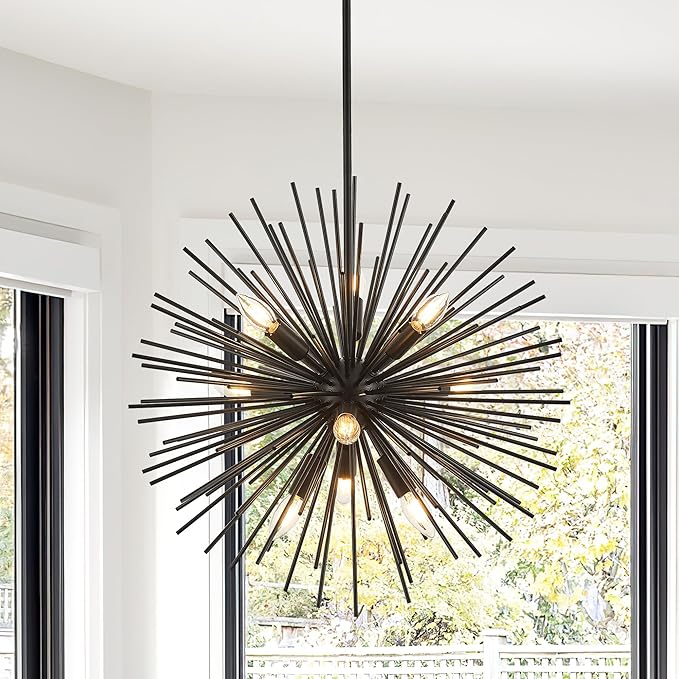 23.6" 9-Light Black Sputnik Chandelier Modern Industrial Adjustable Firework Globe Ceiling Fixture for Living Room, Entryway, Dining, Bedroom, Hallway, Stairway