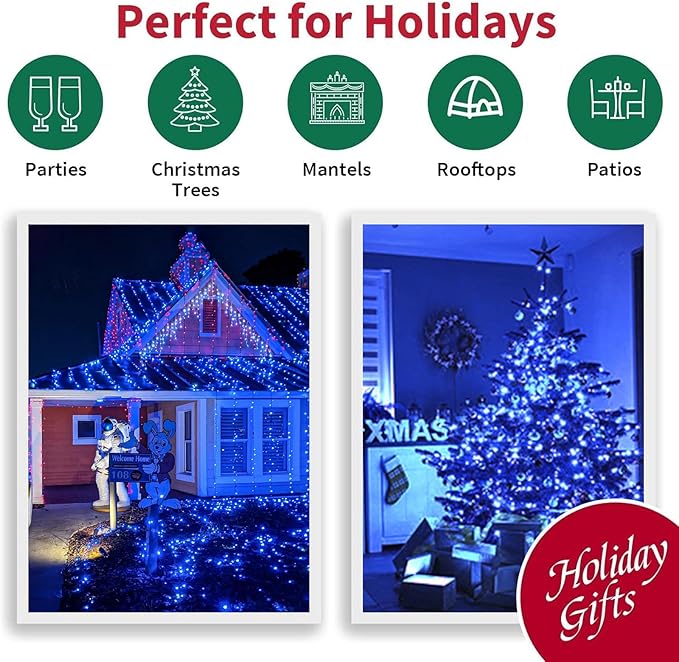 LAMPHOME 99FT 300 LED Blue Christmas Lights,16 Modes Connectable Fairy String Lights, Plug in Indoor Outdoor Blue Lights for Xmas Tree, Party, Garden, Hanukkah, Independence Day Patriotic Patio Decor