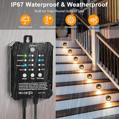 Low Voltage LED Deck Lights Kit with Plug-in Transformer, Dusk-to-Dawn Timer and Photocell Sensor, 3000K Warm White IP67 Waterproof Outdoor Step Lights for Deck Stairs, Railing, Fence, Patio (6 Pack)