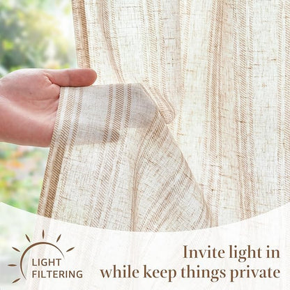 jinchan Linen Kitchen Curtains Striped Tier Curtains 36 Inch Farmhouse Small Drapes Balanced Stripe Half Window Light Filtering for Bathroom Laundry 2 Panels Tan on Linen