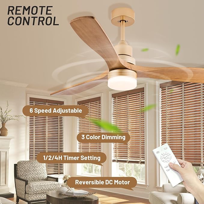 Champagne Gold Luxury Style Ceiling Fan with Light Solid Wood Blade Noiseless Reversible Motor Dimmable Light Memory Living Room and Bedroom Ceiling Fan (Golden04)