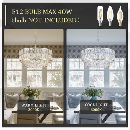 CATINER 20'' Modern Crystal Chandelier Luxury 6-Lights Chrome Semi Flush Mount Ceiling Light Fixtures Round Crystal Pendant Chandelier for Living Room Dining Room Kitchen Foyer Bedroom