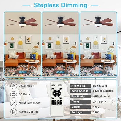 Depuley Modern Ceiling Fan with Light: 35-Inch Black Small Fans for Bedroom Indoor Outdoor - Dimmable Low Profile Ceiling Fans with Remote Control Flush Mount 5 Reversible Walnut Blades 6 Speeds Timer