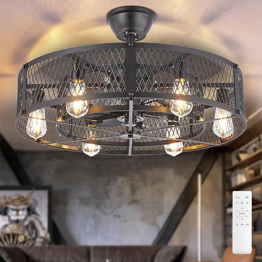 Depuley Outdoor Ceiling Fan with Light: 26" Caged Ceiling Fans with Remote Control for Patio Kitchen Bedroom - Farmhouse Fandelier Flush Mount Lights Fixture Reversible 6 Speed Timer Black