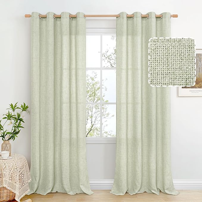 BGment Sage Green Linen Curtains 95 Inch Long for Living Room - Burlap Textured Light Filtering Window Treatments Grommet Sheer Drapes for Farmhouse, 2 Panels, 52 X 95 Inch