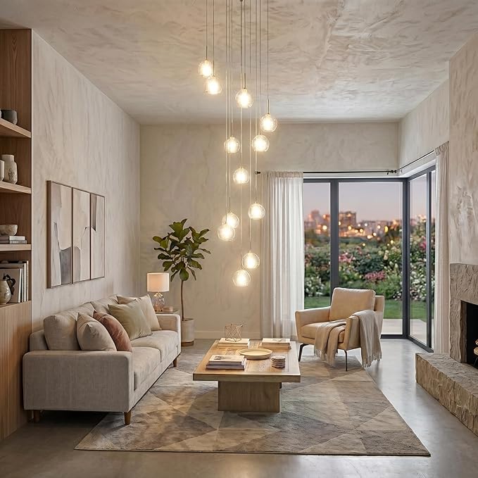 Modern LED High Ceiling Chandelier,12-Light Fixture Crystal Hanging Lamp Dining Room Dimmable Adjustable Luxury Pendant Lights for Living Dinning Room Hallway Foyer Staircase Entryway