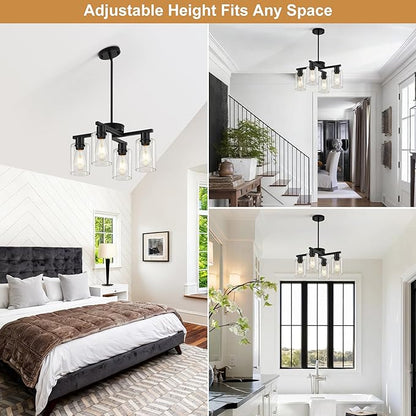 4-Light Black Modern Farmhouse Chandelier, Adjustable Height Pendant Lighting for Kitchen Island & Dining Room, Industrial Hanging Fixture with Clear Glass Shade for Entryway Foyer Bedroom