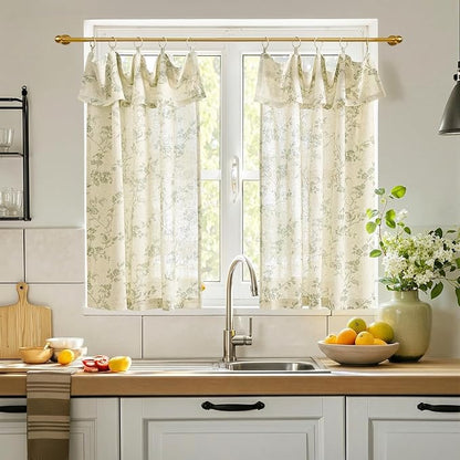 jinchan Floral Linen Kitchen Curtains with Attached Valance 36 Inch Length Farmhouse Cafe Tier Curtains for Living Room Bathroom Rustic Half Window Light Filtering Small Drapes 2 Panels Green