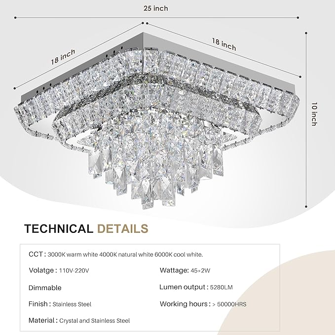 COCOSTAR Crystal Chandeliers, Modern Led Luxury Chandelier, 25" Suqare Flush Mount Chandelier Ceiling Light, Chandeliers for Dining Room, Living Room, Bedroom