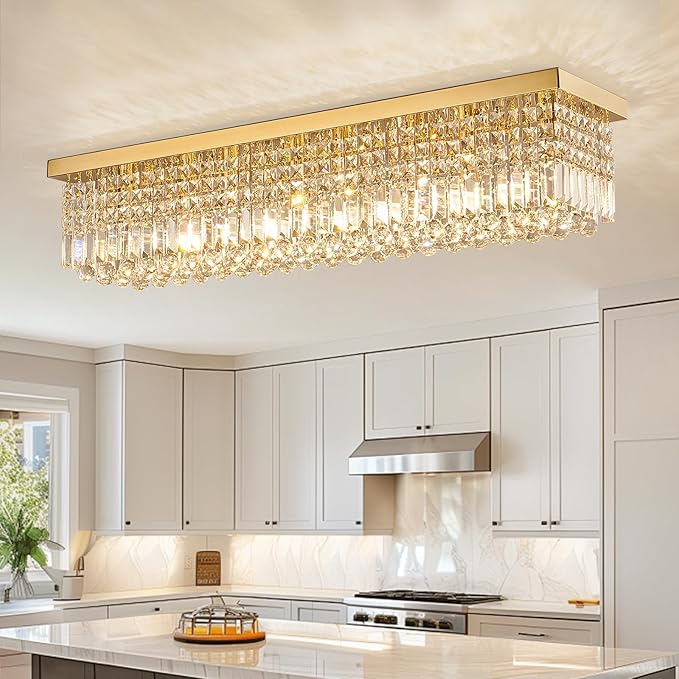 Siljoy Modern Gold Crystal Chandelier for Dining Room, 8-Light Rectangular Flush Mount Crystal Raindrop Chandelier, Luxury Dimmable Crystal Ceiling Light for Living Room Hallway Bedroom L40''