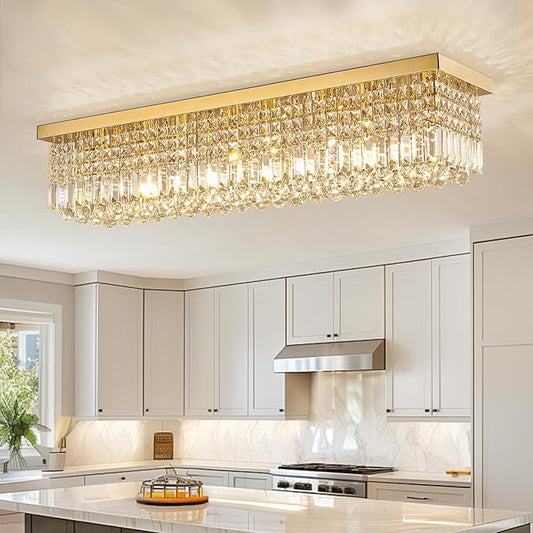 Siljoy Modern Gold Crystal Chandelier for Dining Room, 8-Light Rectangular Flush Mount Crystal Raindrop Chandelier, Luxury Dimmable Crystal Ceiling Light for Living Room Hallway Bedroom L40''