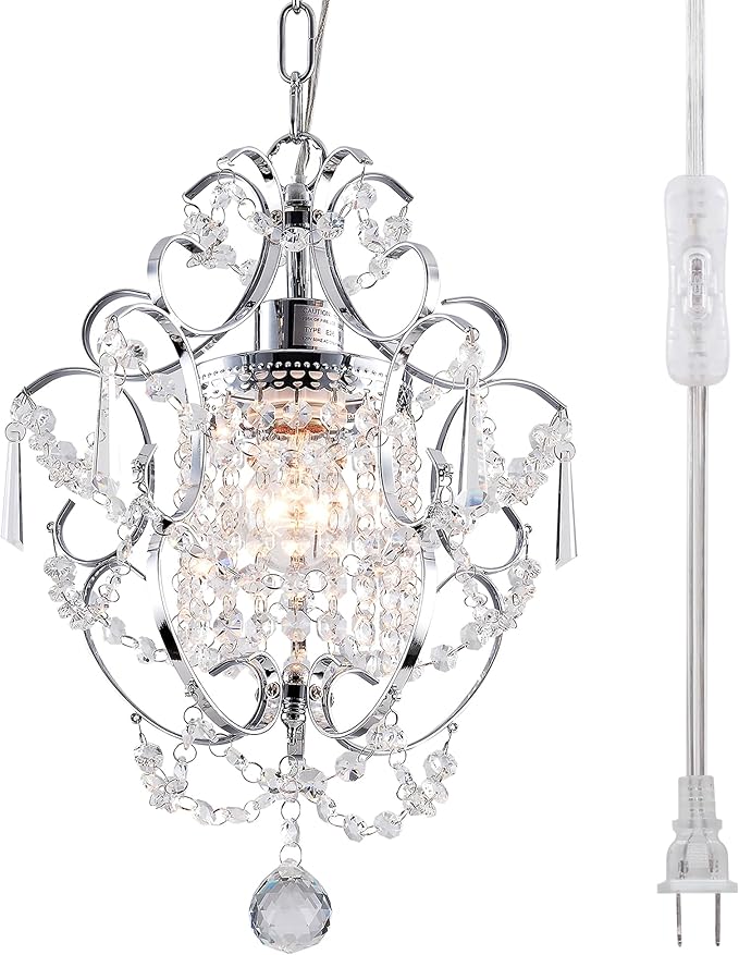 Plug in Crystal Chandelier,14.7 Ft Hanging Lights with Clear Cord & On/Off Switch,Plug in Ceiling Light Small Chandeliers for Bedroom Dining Room Entryway Living Room