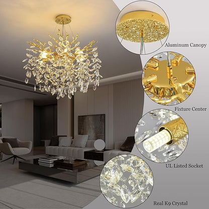 Tree Branch Chandelier Modern Crystal Pendant Light, Luxury Gold Art Deco Raindrop Lighting Fixture for Dining Room Bedroom Living Room 6 Lights D18''