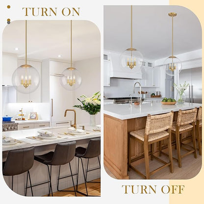 Bagood 14" Globe Pendant Light Contemporary Globe Pendant Lights Kitchen Island 3 Light Gold Mid Century Pendant Light Clear Glass with Brass Finish Adjustable Hanging Light Fixture for Dining Room