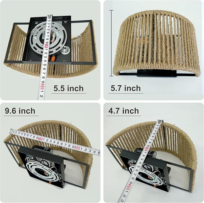 Rattan Wall Sconce Boho Wall Light Fixture Hand Woven Hemp Rope Sconce Lighting for Bedroom, Living Room, Aisle, Porch, Dia 9.7 Inch