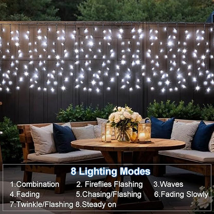 DBFAIRY Solar Curtain Lights,13ft x 3.3ft 200 LED Outdoor Solar Curtain Lights Waterproof Green Wire with 8 Mode for Garden Handrail Railing Eaves Wall Decoration -Cool White