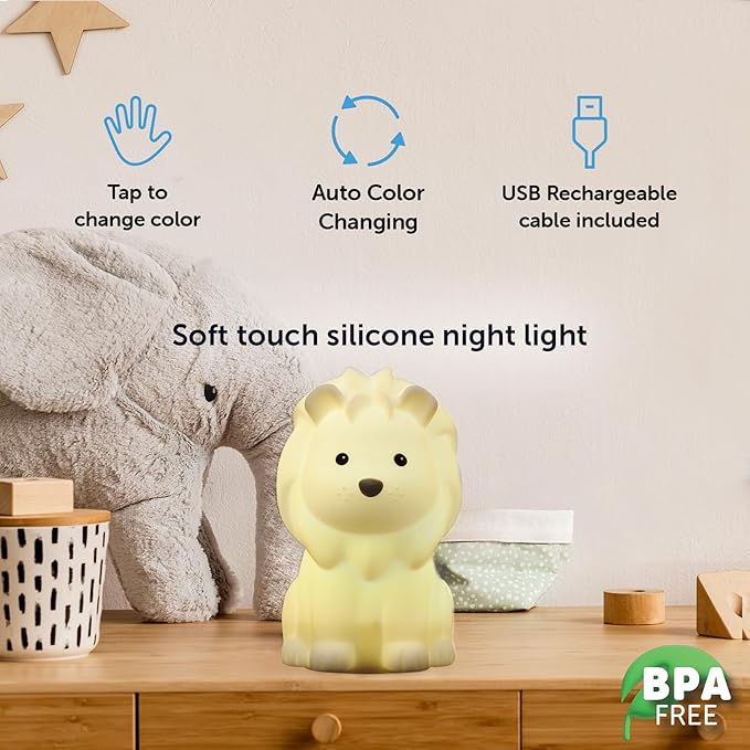 Globe Electric 13849 Multicolor Changing LED Integrated Rechargeable Silicone Night Light, Lion, Tap Button Switch, White, Modern Lighting for Bedroom, Nursery, Playroom, Nightstand