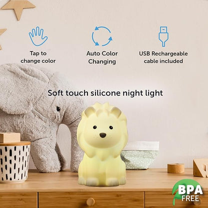 Globe Electric 13849 Multicolor Changing LED Integrated Rechargeable Silicone Night Light, Lion, Tap Button Switch, White, Modern Lighting for Bedroom, Nursery, Playroom, Nightstand