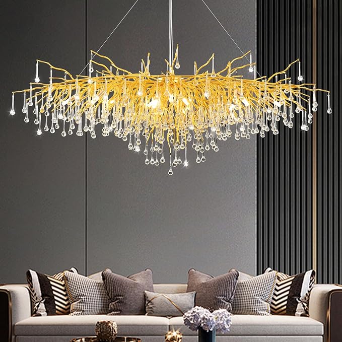 Crystal Chandelier for Dining Room - Modern Farmhouse Crystal Gold Chandelier, Raindrop Tree Branch Chandeliers for Living Room, Bedroom, Entryway, Foyer, High Ceiling (Bulb not Included)