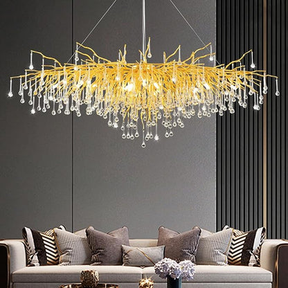 Crystal Chandelier for Dining Room - Modern Farmhouse Crystal Gold Chandelier, Raindrop Tree Branch Chandeliers for Living Room, Bedroom, Entryway, Foyer, High Ceiling (Bulb not Included)
