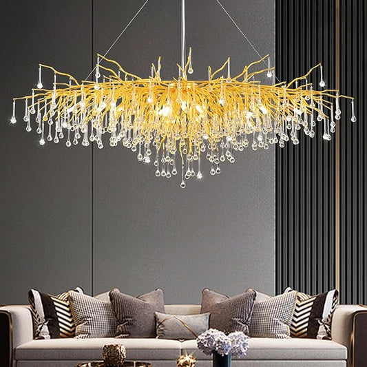 Crystal Chandelier for Dining Room - Modern Farmhouse Crystal Gold Chandelier, Raindrop Tree Branch Chandeliers for Living Room, Bedroom, Entryway, Foyer, High Ceiling (Bulb not Included)