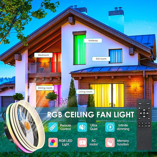 Mpayel Flush Mount Ceiling Fan with Light - Small Low Profile Ceiling Fan,13" RGB Dimmable LED Bladeless Ceiling Fans, Modern Enclosed LED-RGB Ambient Light for Bedroom, Kids Room, Party