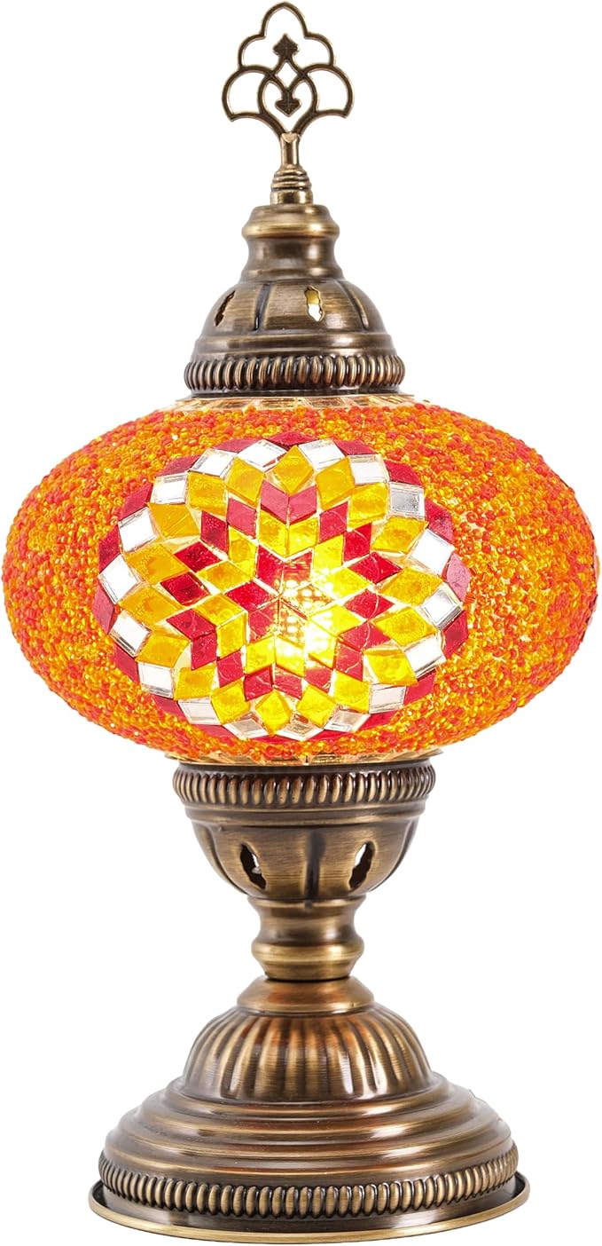 Turkish Lamp, Mosaic Table Lamp, Antique Moroccan Decorative Glass Bohemian Vintage Lamp Shade, Small Desk Tiffany Bedside Stained Glass Lamp with US Plug and E12 Socket