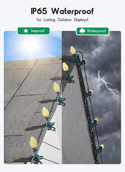 C9 68Ft Led Christmas String Lights 100 LED with Quick Clips Outdoor Waterproof Strawberry Lights, Commercial Grade Extendable for Indoor Outside Roofline Patio Home Xmas Decoration, Warm White
