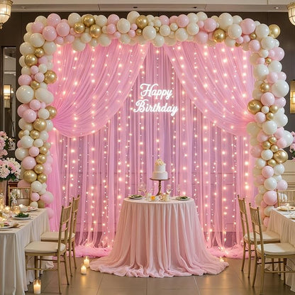 10ft×12ft Pink Tulle Backdrop Curtains with Lights String for Parites Pink Sheer Backdrop Curtains for Baby Shower Girls Birthday Party Wedding Bridal Shower Photo Shoot Background 2 Panels 5×12ft