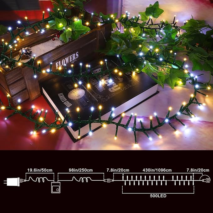 LAMPHOME 500 LED String Lights - Outdoor/Indoor Plug-in Twinkle Fairy Lights, 46ft 500LED, Warm White & White