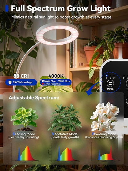 GLOWRIUM Grow Lights for Indoor Plants, 36W Full Spectrum 2-Head LED Plant Light with Stand, Adjustable Height, 3/9/12H Timer, 6 Dimmable Levels & 3 Lighting Modes (White-Double Head)