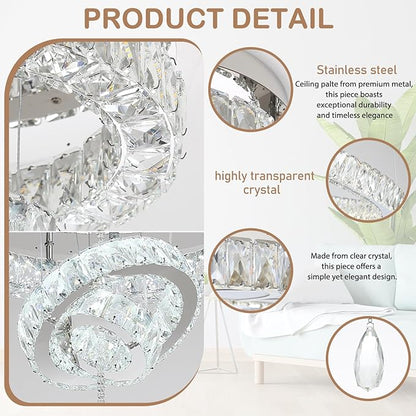Flashing God Dia 20" Modern Crystal Chandelier for Dining Room Silver Ceiling Chandelier Flush Mount Ceiling Light for Living Room Bedroom Hallway LED Light Fixture Dimmable with Remote