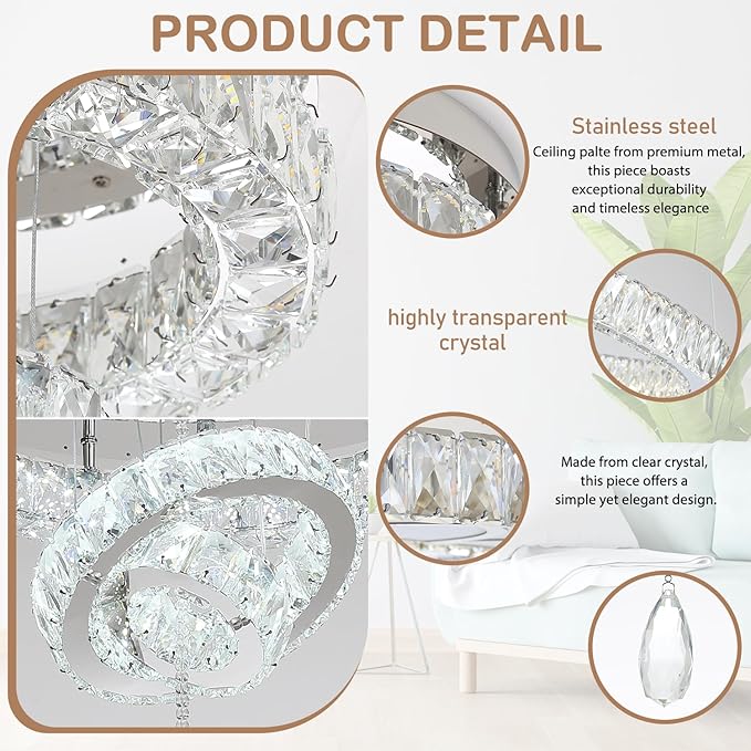 Flashing God Modern Crystal Chandelier Bedroom Chandeliers Flush Mount Ceiling Chandelier Light Fixture for Dining Room Entrance LED Dimmable Silver Ring Chandeliers