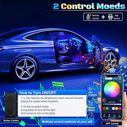 RGB Acrylic Interior Car LED Strip Light with Wireless APP, 18 in 1 with 175 inches 593 LEDs Neon LED Strip Light, 16 Million Colors Dynamic Music Sync Car Ambient Lighting Kits