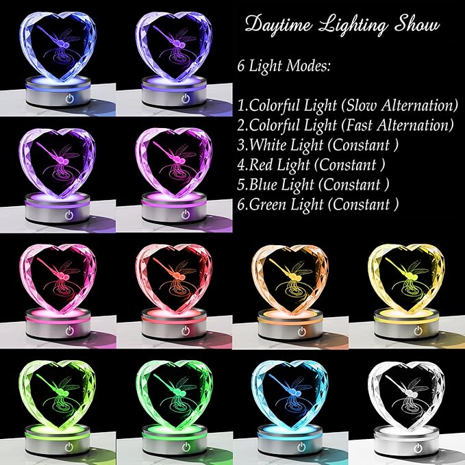 Qianwei Dragonfly Gifts for Women 3D Crystal Heart - Laser Dragonfly Decor Glass Animals Gifts Figurines Statue Stuff for Room Decorations Night Light