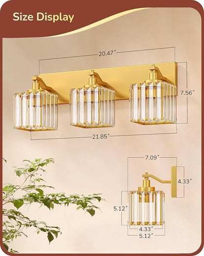 EDISHINE Bathroom Vanity Light, 20.47-Inch Modern Bathroom Lighting Fixtures, 3-Light Crystal Vanity Lights Over Mirror, Gold Bath Wall Sconce Lamp for Powder Room, Makeup, E26 Base