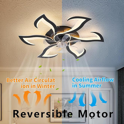 Yfrest Modern Ceiling Fan with Light and Remote, Low Profile Ceiling Fans with Lights, 32 Inch Black Flush Mount Ceiling Fan with 3 Light Color 6 Speeds, Fandelier Ceiling Fans for Kitchen Bedroom