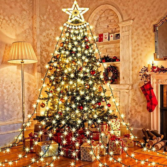 Star String Lights, 350 LED Tree Waterfall Fairy Lights, Outdoor Waterproof Christmas Decoration Lights with Remote, 16FT X 9 Hanging LED Lamp for Garden Yard Wedding Birthday Festival, Warm Yellow