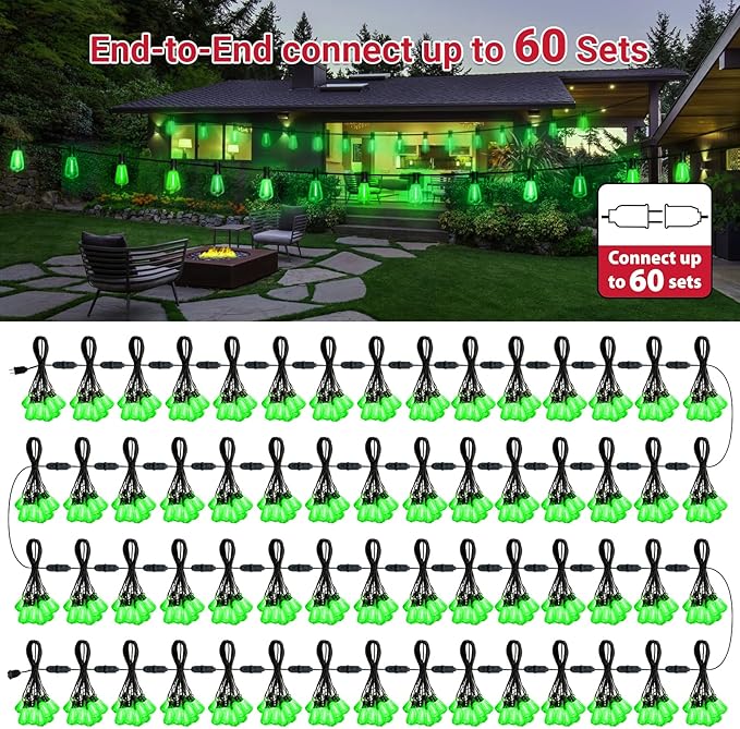 LAMPHOME 4-Pack 26Ft ST38 Green St Patrick's Day Patio Lights，Outdoor String Light with 12+1 Shatterproof LED Edison Bulbs, Waterproof String Lights for Bistro Christmas Party Decor